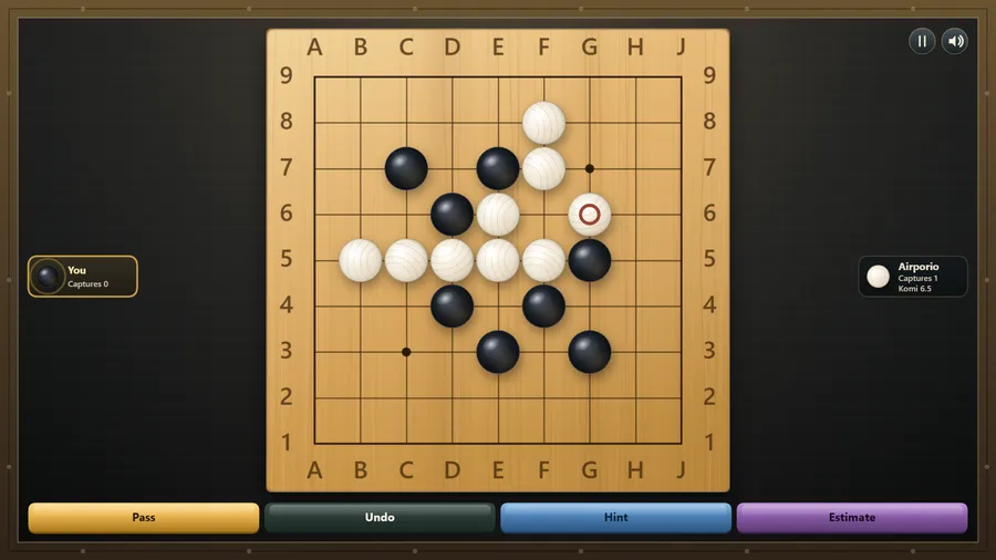 The flat overhead 9×9 board mid-game with black and white stones, the last move ringed, and Pass, Undo, Hint, Estimate