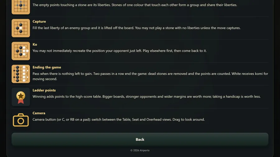 How to Play scrolled to its end: Ko, Ending the game, Ladder points and a new Camera section above Back