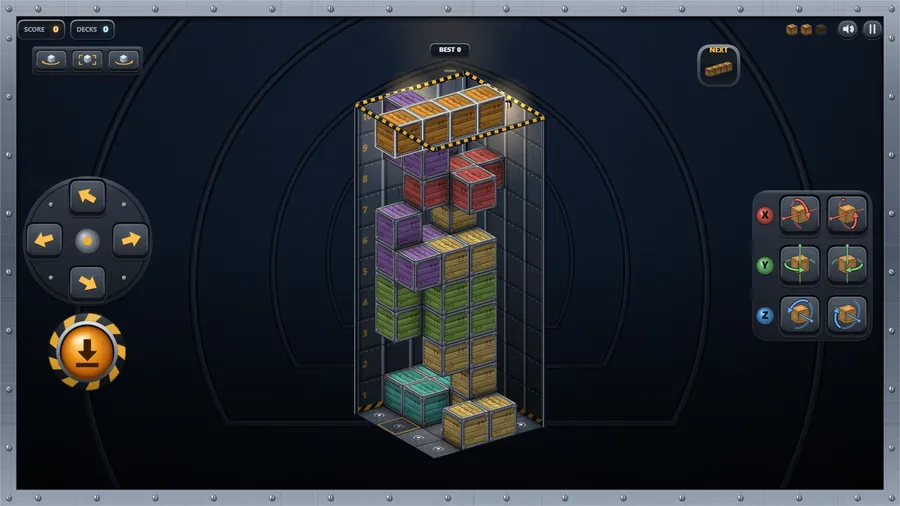 A brown load hangs over a tall 3D stack of pink, green and purple crates, with the arrow pad, drop button and X/Y/Z turn keys