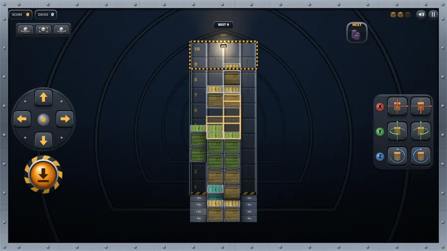 The bay seen flat from the side: stacked columns of green, orange and teal crates with the next load waiting at the hatch