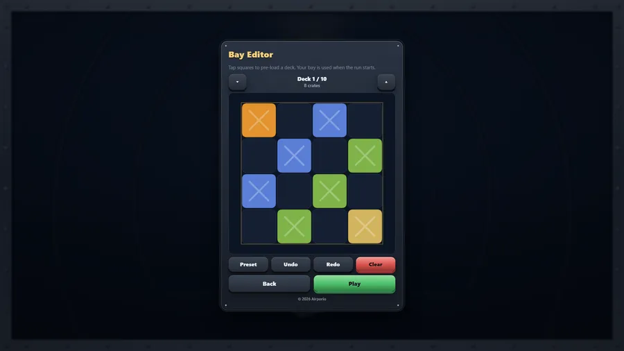 Bay Editor: Deck 1 of 10 with 8 crates in a checkerboard on a 4×4 grid, and Preset, Undo, Redo, Clear, Back and Play