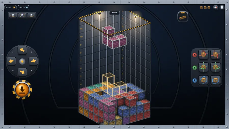 A wide 6 by 6 bay with a tall crate stack, a pink load hovering above and a glowing outline marking where it will land.