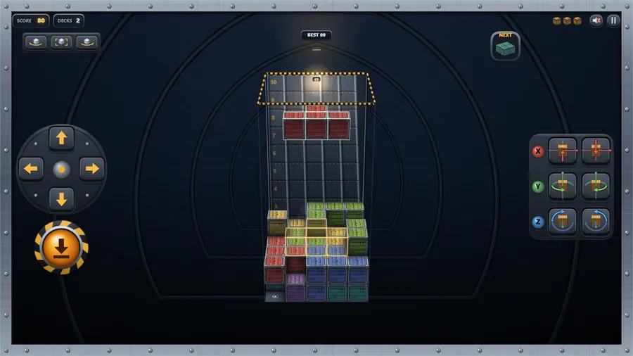 A 5 by 5 bay seen in deep perspective with walls on, a red bar load falling over a stack of green, blue and gold crates.
