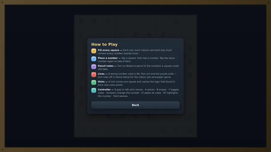 How to Play panel listing Fill every square, Place a number, Pencil notes, Lives, Hints and Controller