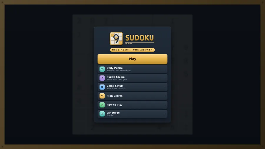 Sudoku menu below Nine Rows · One Answer: Play, Daily Puzzle, Puzzle Studio, Game Setup, High Scores, How to Play