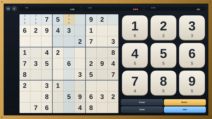 A fresh 9×9 grid with Notes on and pencil marks 2, 5, 8 in two squares; time 0:00, score 600, three lives