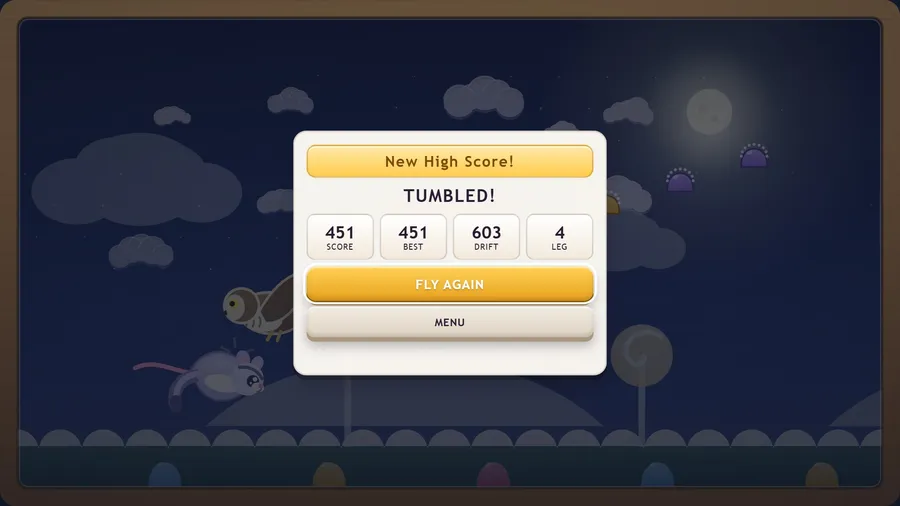 Tumbled! card with New High Score!: score 451, best 451, drift 603, leg 4, and Fly Again and Menu buttons