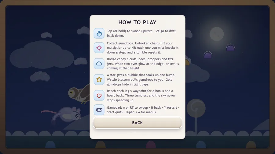 How to Play card with six tips: swooping, the gumdrop chain, owls, wattle and gold gumdrops, waypoints and the gamepad