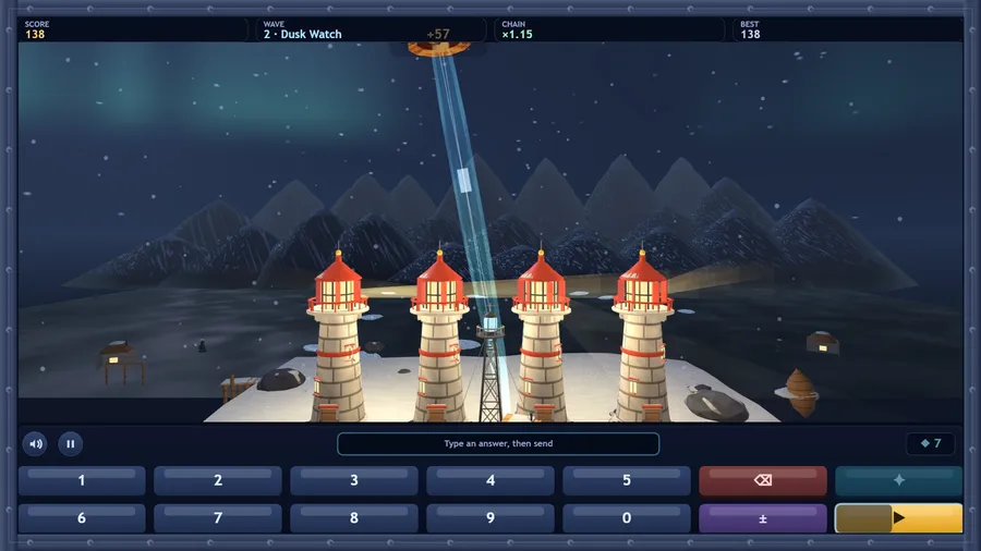 A bright beam shoots from the central post up to a falling shard on wave 2, with score 138 and a chain multiplier showing.