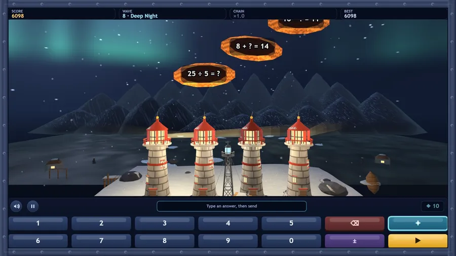 Wave 8, Deep Night: three equation shards drift down over the lighthouses at score 6098, with the flare button ready.