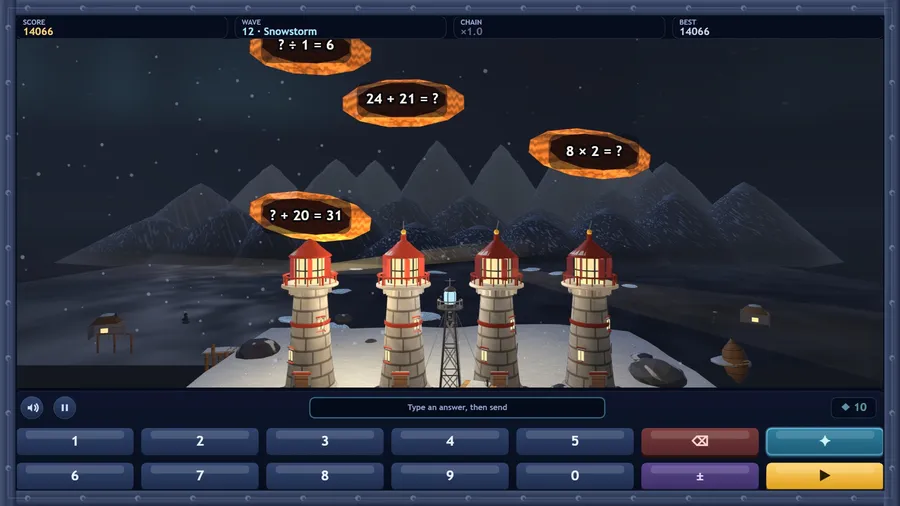Wave 12, Snowstorm: four darker shards fall through the falling snow over the lighthouses at score 14066.