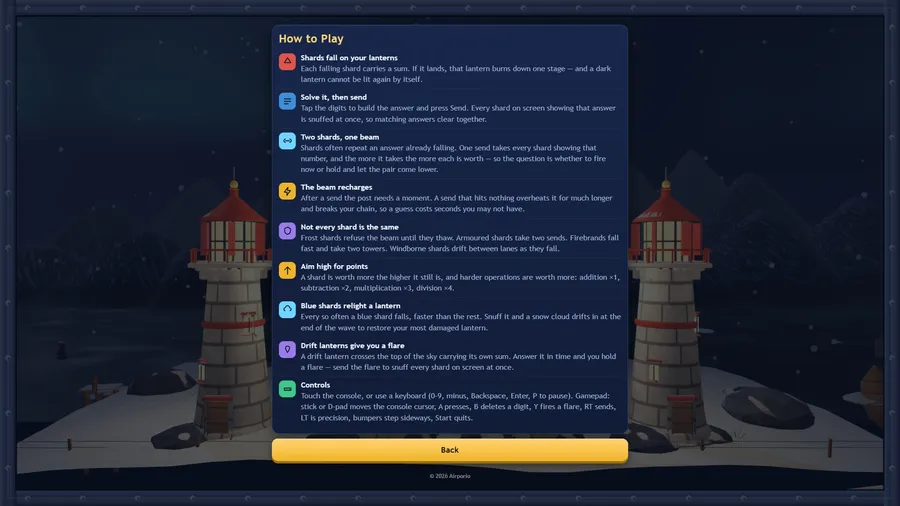 How to Play: nine rules covering falling shards, matching answers, the beam recharge and the special shards