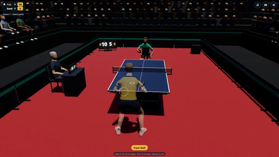 Behind your player at The Arena: the opponent has just hit the ball, which is crossing the table, at 10-5.