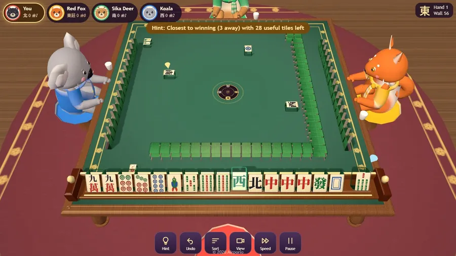 Midgame with a hint: a ring marks the suggested discard and a line explains why.