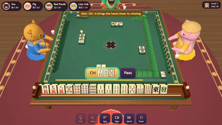 A claim window: buttons to chow, pung or pass appear when an opponent discards a tile you can use.