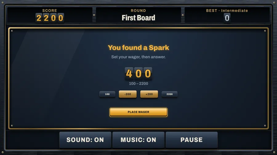 You found a Spark: una apuesta de 400 en un contador abatible, rango de 100 a 2200, botones de menos y más y Place Wager