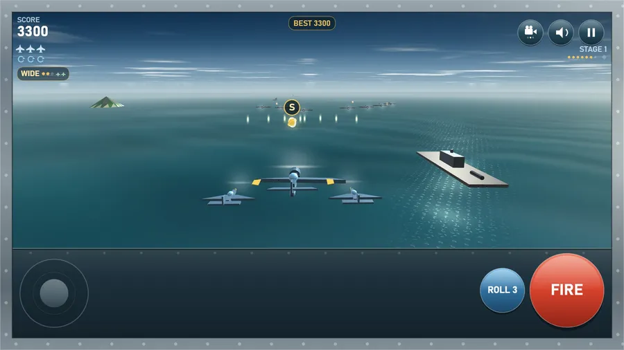 Close behind view: the fighter and two escorts fly at an enemy formation, a supply pod ahead, a carrier below, score 3300