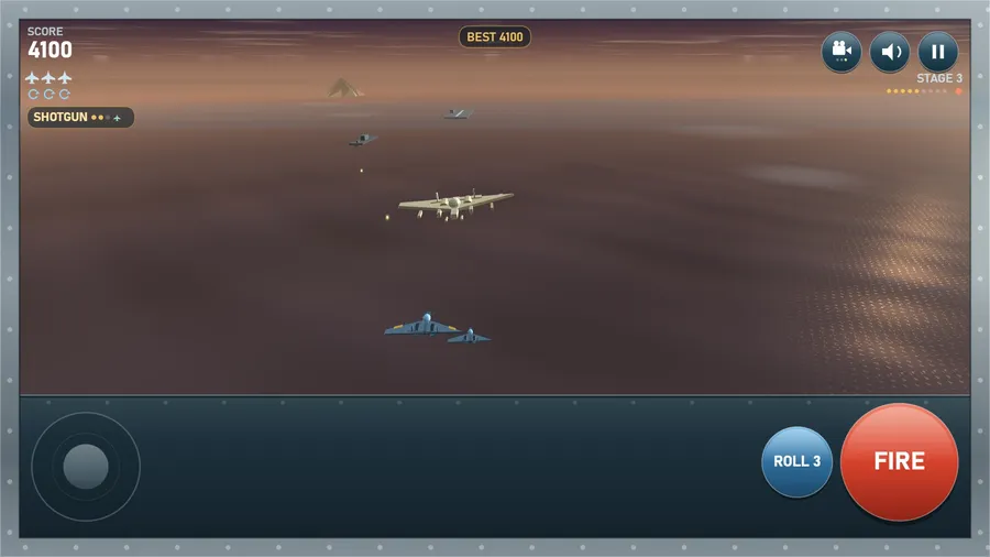 Stage 3 at dusk from High behind: a four-engine bomber leads the attack over an atoll, score 4100
