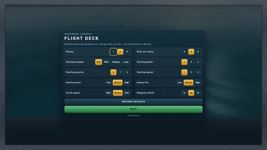 Flight Deck loadout in two columns: planes, rolls, weapon, power, escorts, speed, enemy waves and fire, scroll, shield