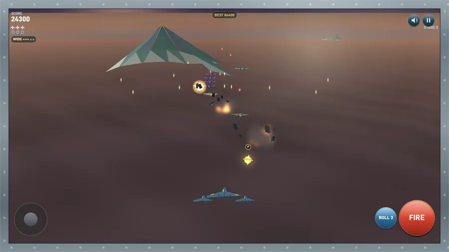 The 1980s era under a rust-coloured sky: explosions and fire trails around a green delta-wing enemy, score 24300.