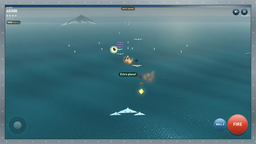 The 2020s era over teal water: an Extra plane! message pops up as pods and explosions fill the screen, score 40300.