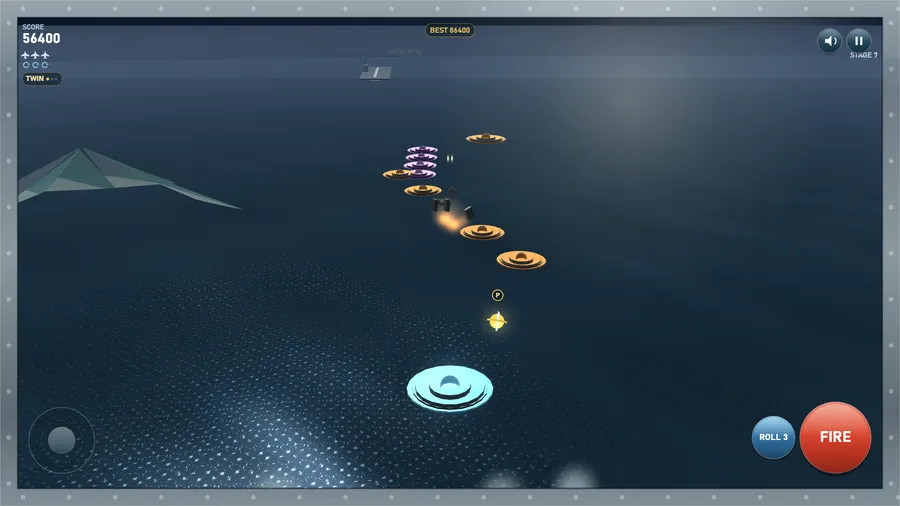The 2060s era on dark water: a glowing ring of purple and orange enemy craft descends toward the fighter, score 56400.