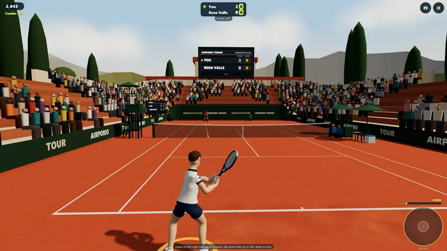 Behind your player on red clay, racket ready, the opponent across the net in a cypress-lined stadium.