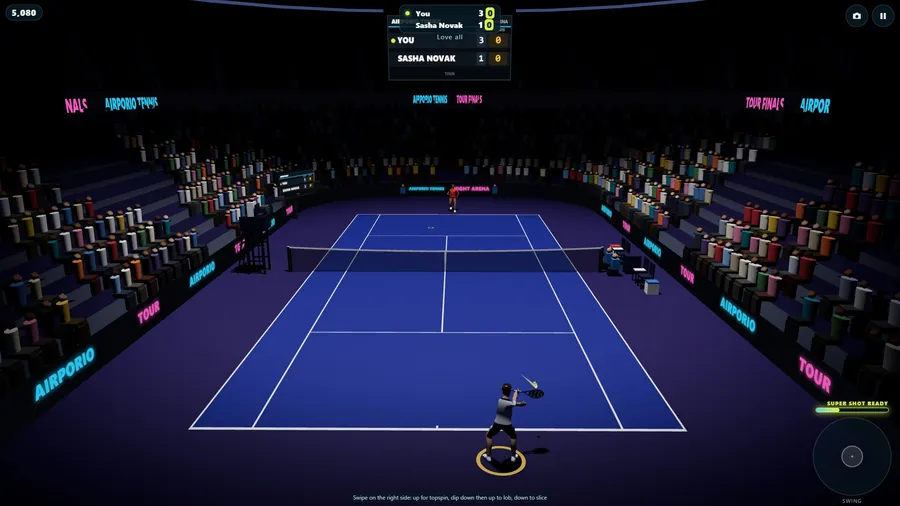 The night arena: a player at the baseline on a purple court under neon signs.