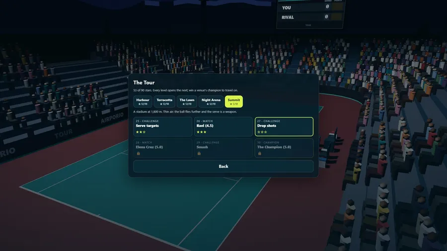 The Tour menu: five venue tabs and six level cards with stars, challenges and opponents.