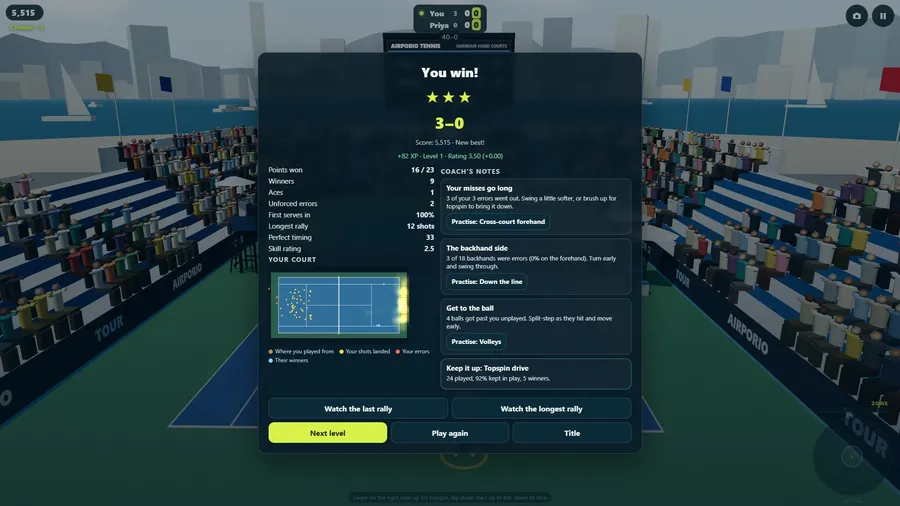The results sheet after a win: the score, stars, match statistics and the coach's notes.