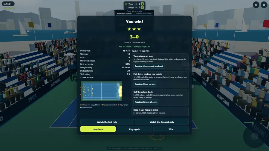 La feuille de résultats après une victoire : le score, les étoiles, les statistiques du match et les notes du coach.