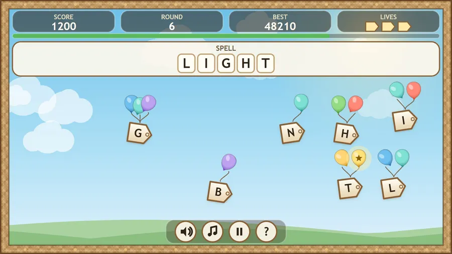 A Spell LIGHT round, round 6: letter tags G, N, H, I, B, T and L hang from balloons, a gold one over the T; score 1200