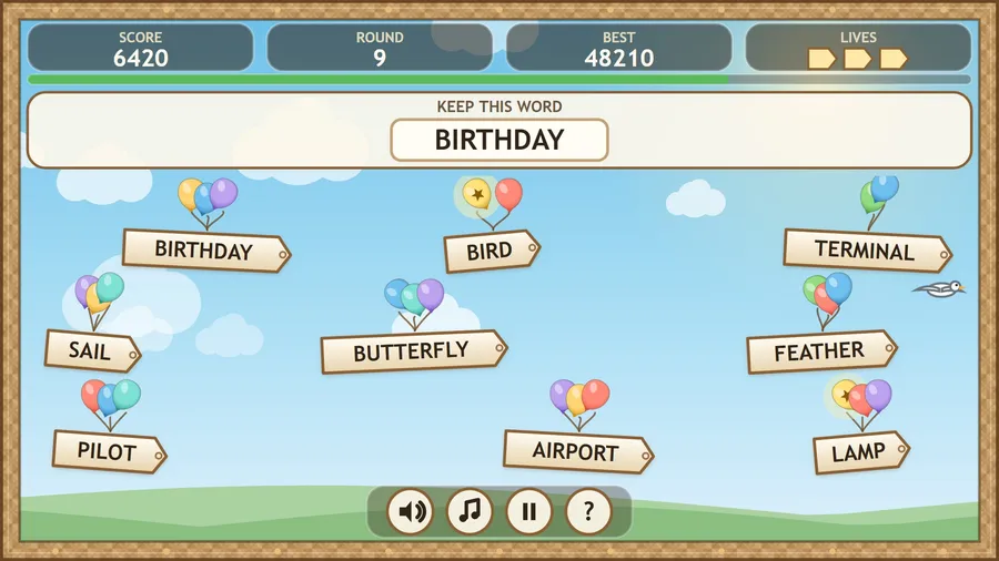Keep this word BIRTHDAY, round 9: BIRD, TERMINAL, BUTTERFLY, AIRPORT and more tags on balloons, two gold; score 6420