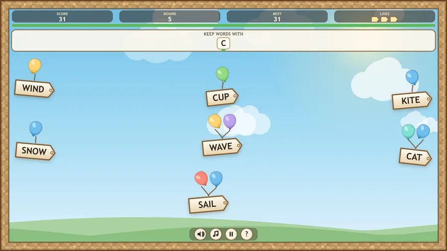 A Keep words with C round: the panel shows C while tags WIND, CUP, KITE, WAVE, CAT, SNOW and SAIL float on balloons.