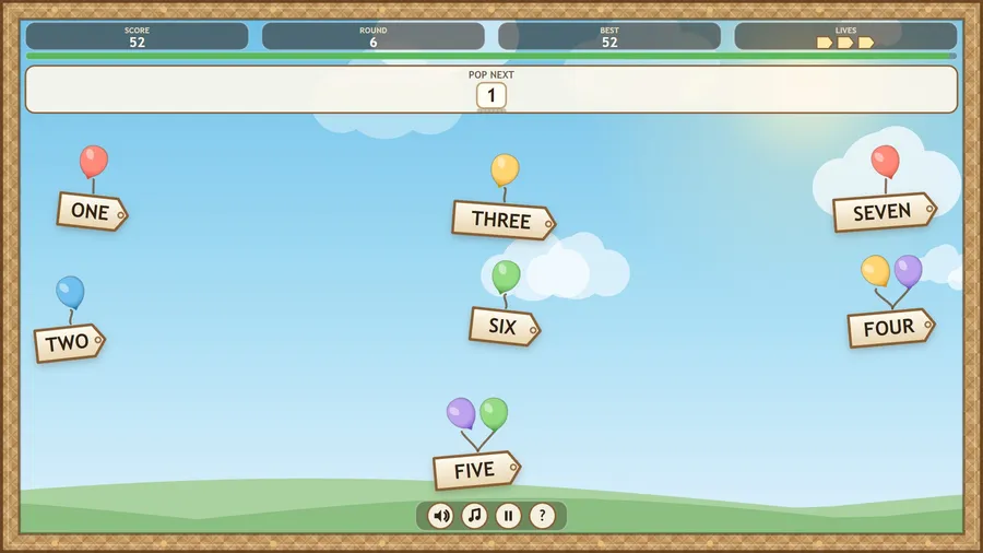 A Pop next round: the panel shows 1 while the number words ONE to SEVEN drift on balloons across the sky, score 52.