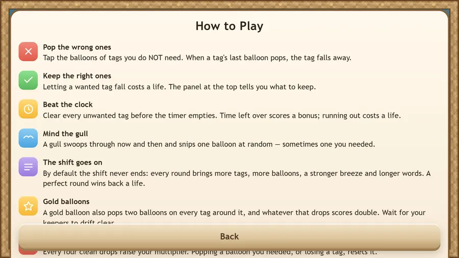 How to Play panel: Pop the wrong ones, Keep the right ones, Beat the clock, Mind the gull, The shift goes on, Gold balloons