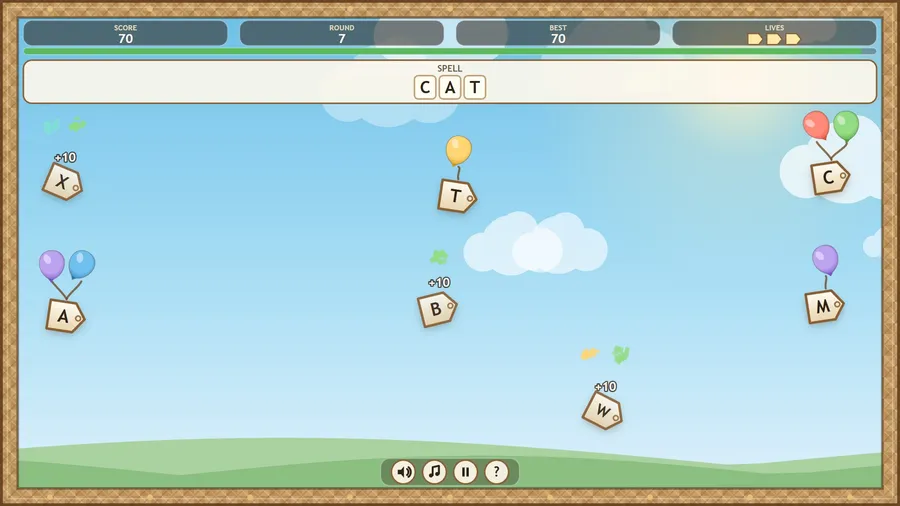 Balloons popped on a spelling round: +10 score pops rise and letter tags X, B and W tumble down, with CAT as the target word.