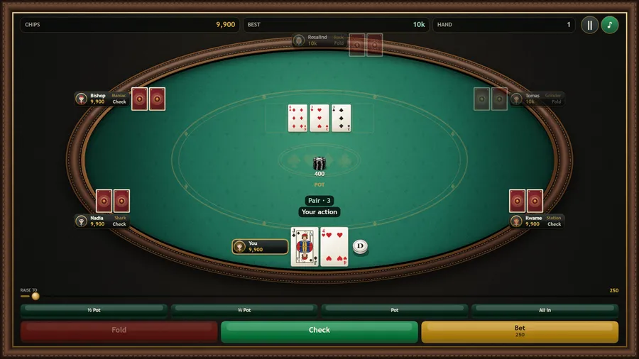 The flop at a six-seat table: Q-5-3 on the board, you holding 3 and 4 of clubs for Pair · 3; pot 300, Call 200, Raise 600