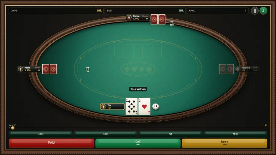 Pre-flop with three rivals: blinds are posted, your ace and eight are dealt and Fold, Call 100 and Raise 250 are ready.