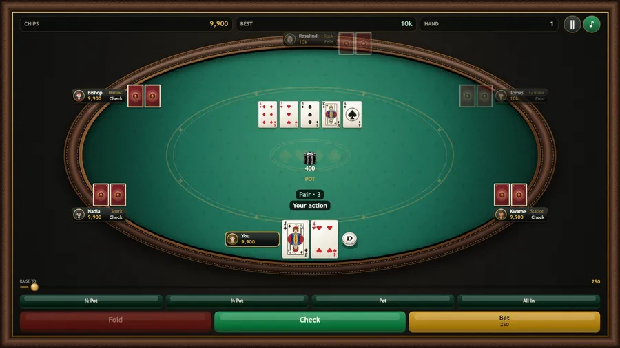 The river at a six-seat table: Q-5-3-K-4 on the board, your 3 and 4 of clubs make Two pair · 4/3; pot 1,500, Check or Bet 900