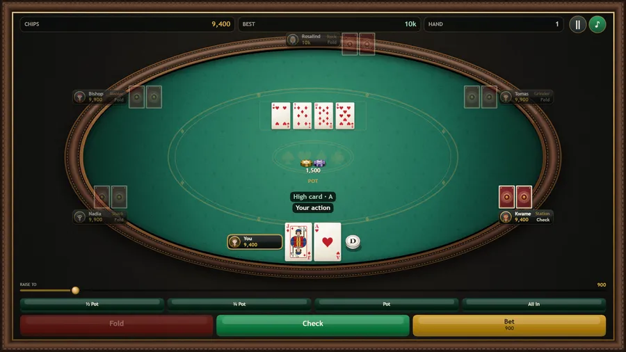 The turn with a 1,500 chip pot in the middle, four community cards out and a Bet 900 button after a raise.