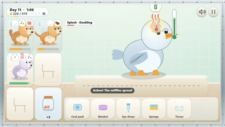 Splash the duckling's thermometer gauge rises towards the green while a sneeze spreads the sniffles along the bench