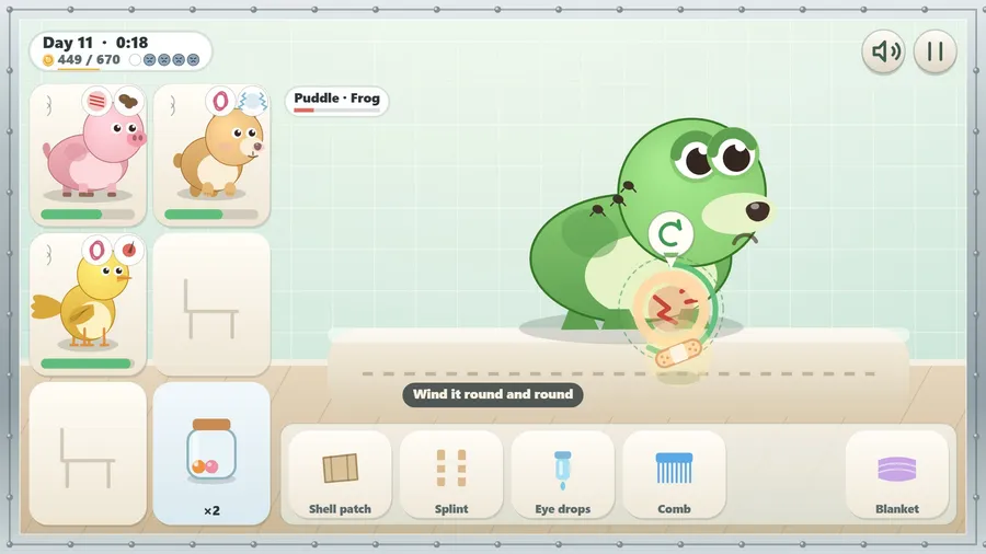 A bandage wound round and round a frog's hurt leg, with four grumpy faces in the corner late on Day 11