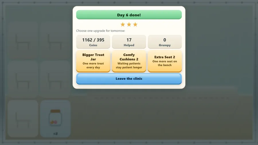 Day 6 done with three stars and 1162 of 395 coins, and three upgrades to choose from for tomorrow