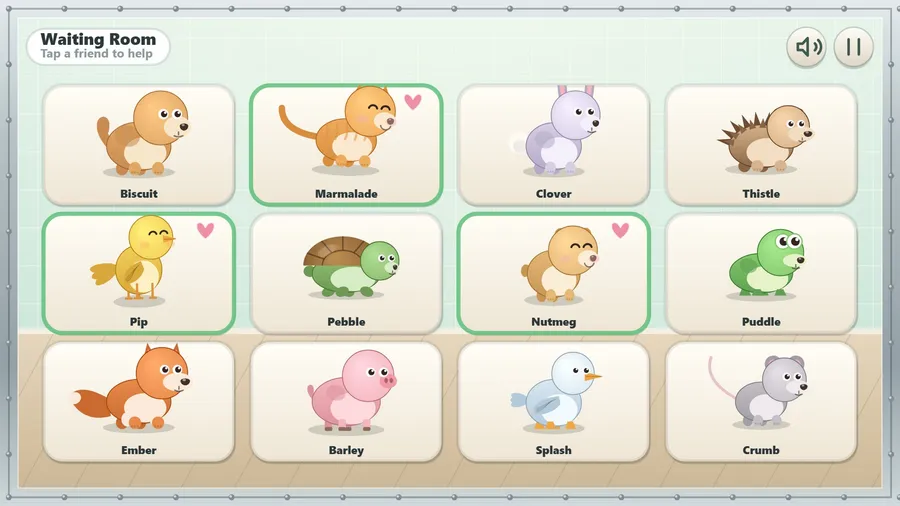Free Play's waiting room: twelve friends from Biscuit the puppy to Crumb the mouse, three already cared for