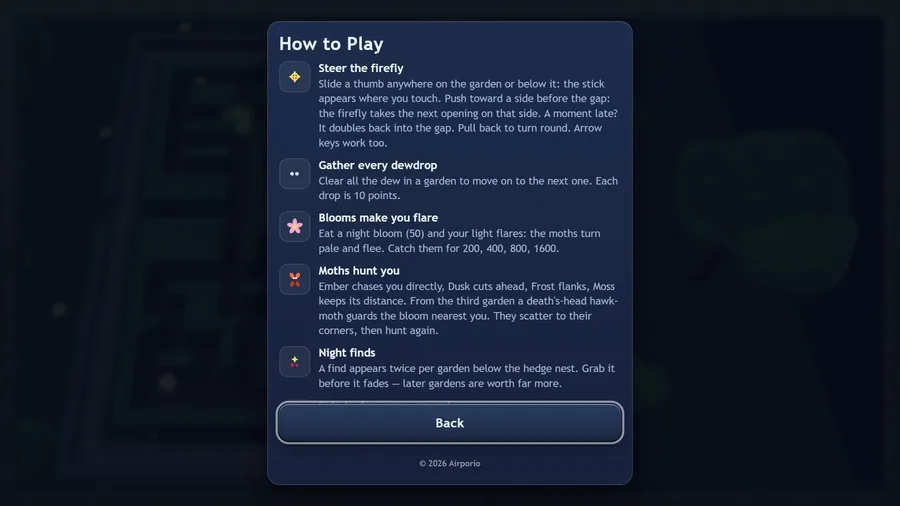 How to Play: steer with a thumb anywhere, gather dew, flare on blooms, the moths and the death’s-head hawk-moth