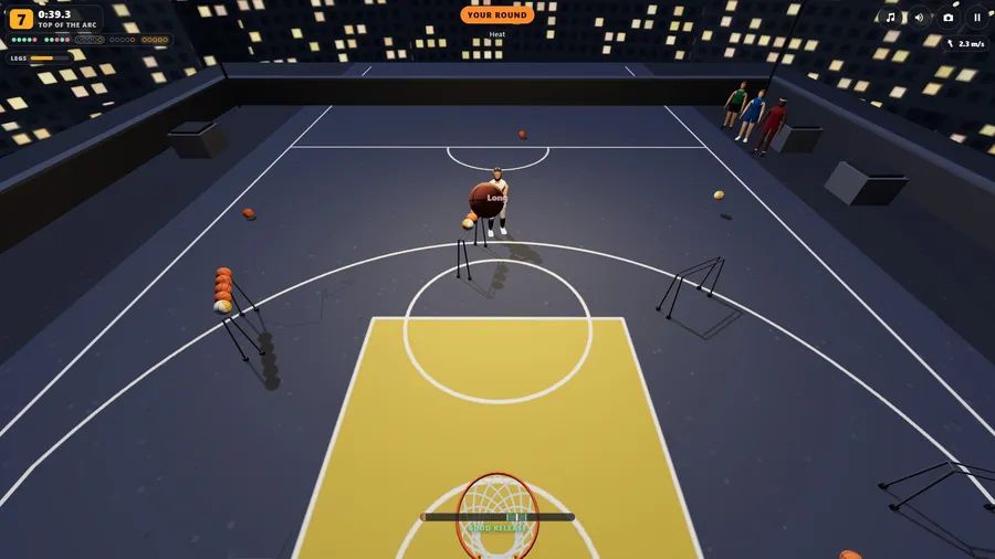 Looking down from above the board on a rooftop at night: the ball coming at the ring, the shooter at the top of the arc.