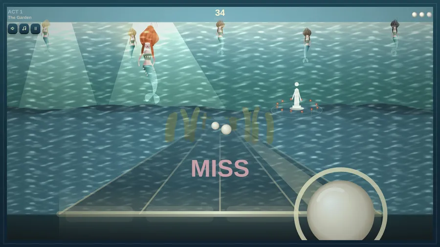 Act 1, The Garden: the red-haired mermaid sings above four lanes, 34 notes left, a pearl falling and the word MISS