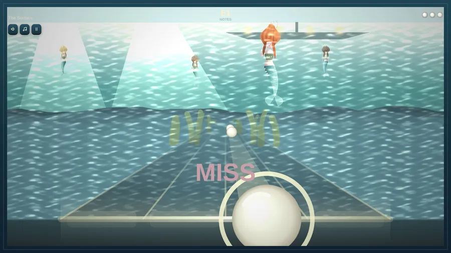 Act 2, The Surface: a ship's hull overhead, 61 notes left, a pearl on the ring at the foot of the four lanes