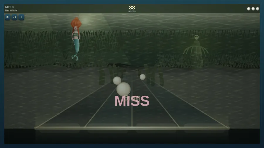 Act 3, The Witch: dark weeded water, the mermaid alone in a spotlight, 88 notes left and a large pink MISS